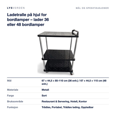 Mål og spesifikasjoner for Ladetralle på hjul for bordlamper – lader 36 eller 48 bordlamper
