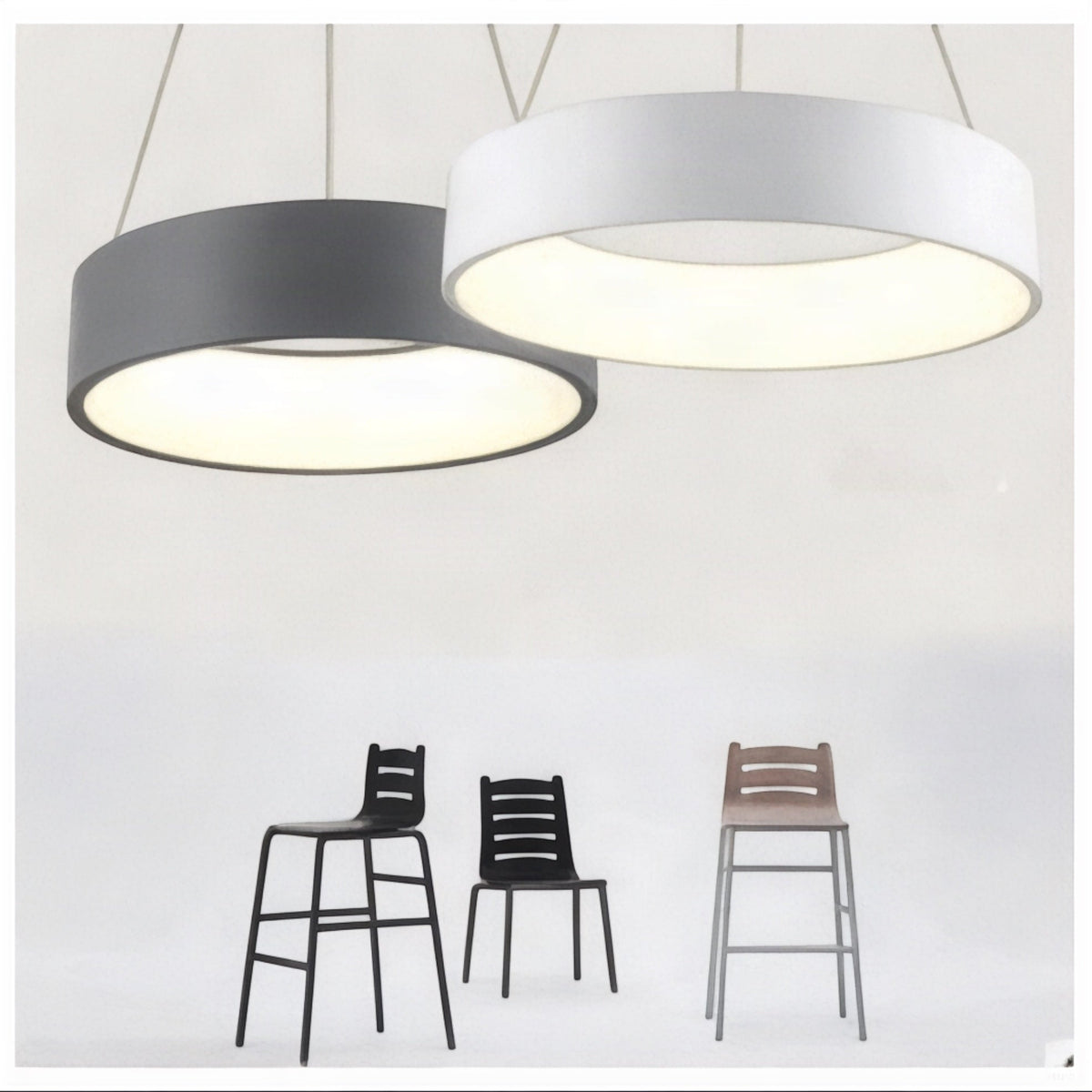 Rund LED pendellampe trommel i hvit og graa