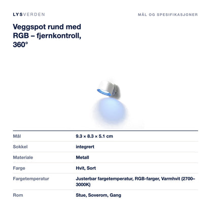 Veggspot rund med RGB – fjernkontroll, 360° – mål og spesifikasjoner
